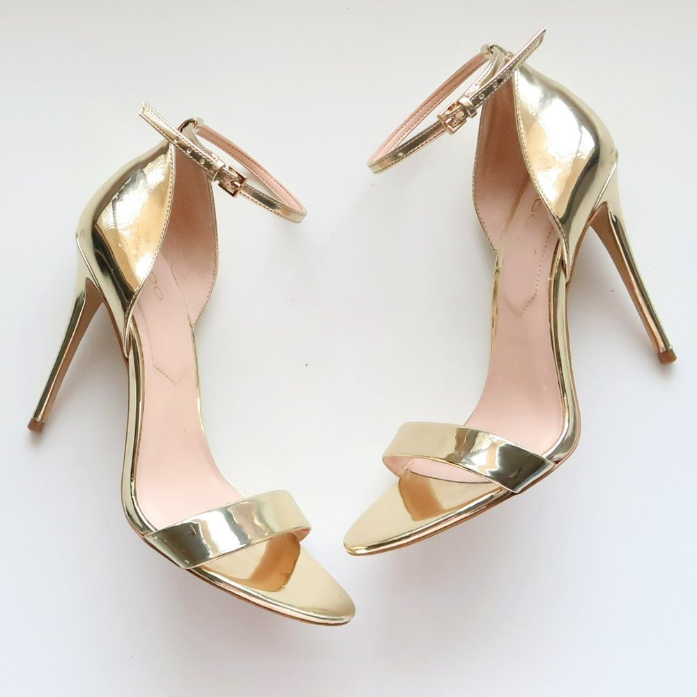 Aldo Gold Open Toe Ankle Strap Stiletto Heels / Sandals / Dress Shoes Size 7